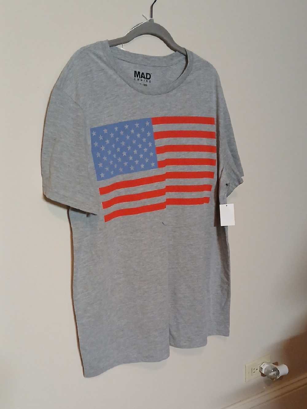 MAD Engine Gray Tee with Red & Blue Flag Graphic